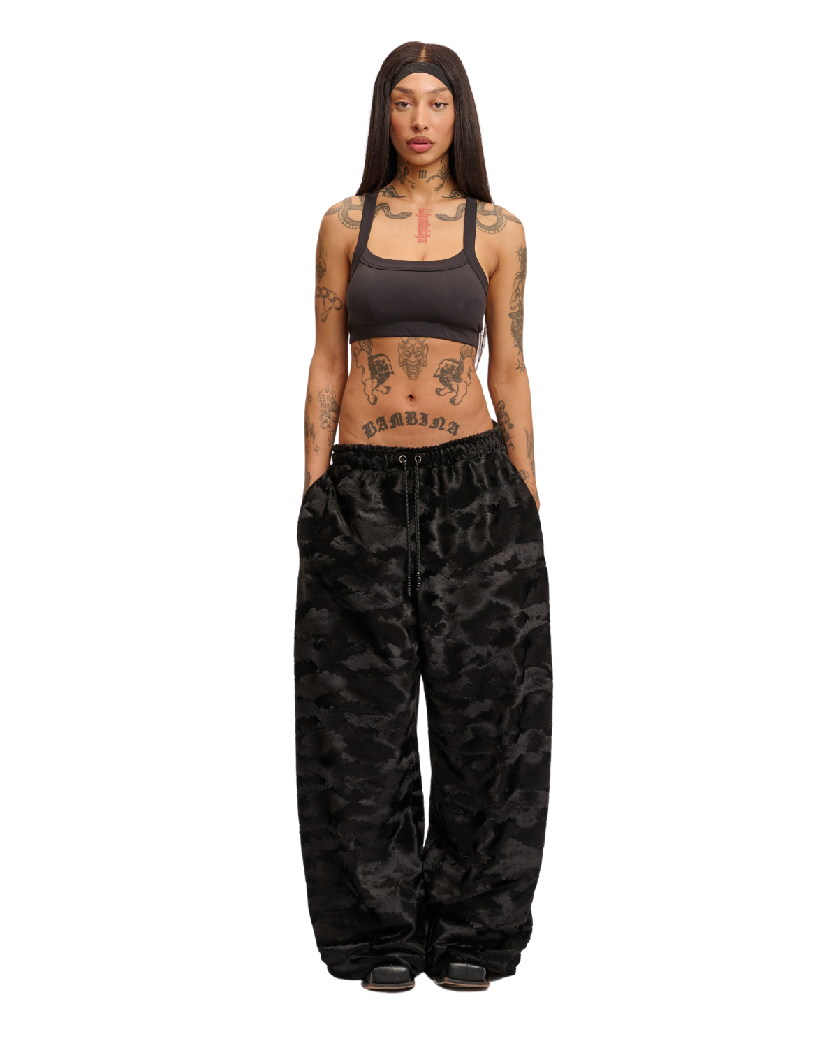 CAMO FAUX FUR TRACKSUIT PANTS BLACK Ezimma